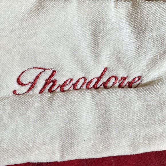 Pottery Barn Velvet Red & White Embroidered THEODORE medium Christmas Stocking - Picture 2 of 5